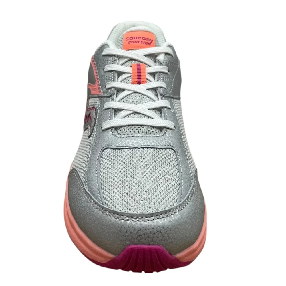 Saucony Cohesion Youth Girls Running Shoe Size 7 (Fits like 6) Wide Silver Coral
